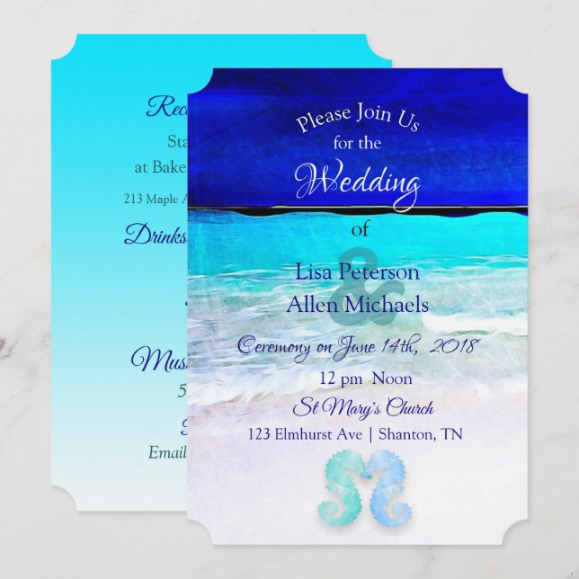 Seepferde am Meer Blue Beach Hochzeitseinladungen Einladung (Vorne/Hinten)