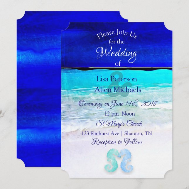 Seepferde am Meer Blue Beach Hochzeitseinladungen Einladung (Vorne/Hinten)