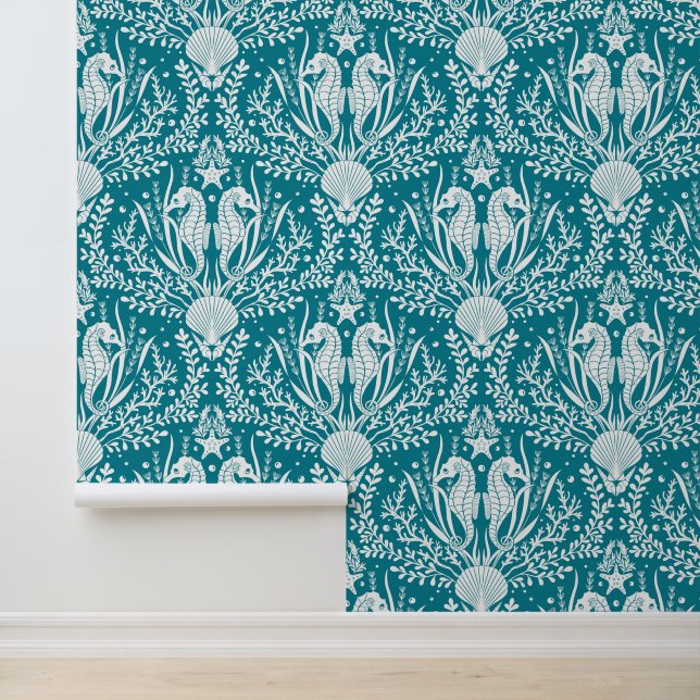 Seepferde an der Küste Damask Aquamarin Blue Tapete (Anwendung)