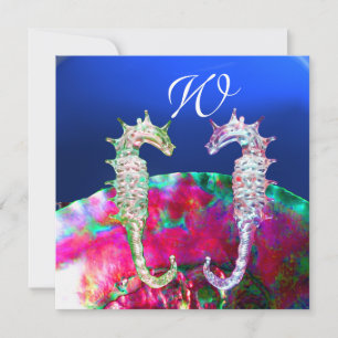 SEEPFERDE BEACH WEDD MONOGRAM, rosa blaues Schwarz Einladung