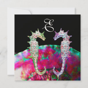 SEEPFERDE BEACH WEDD MONOGRAM, rosa blaues Schwarz Einladung