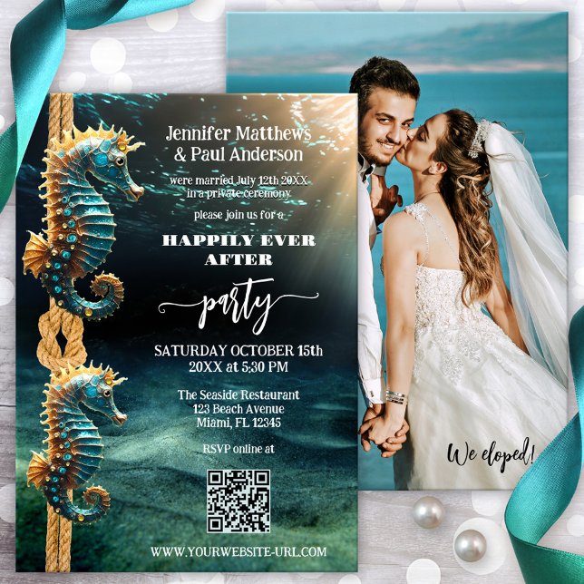 Seepferde glücklich immer nach Hochzeit Foto Einladung (Happily ever after photo wedding invitation featuring seahorses in a magical ocean underwater world)