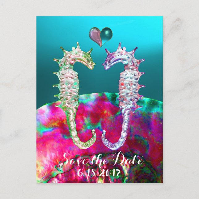 SEEPFERDE IN LIEBE, BLUE PINK NACRE, Save the Date Ankündigungspostkarte (Vorderseite)