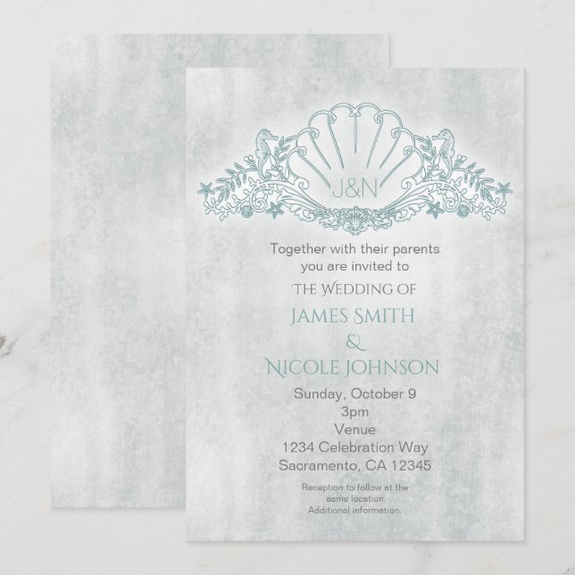 Seepferde & Seashell Beach Hochzeiten Einladung (Vorne/Hinten)