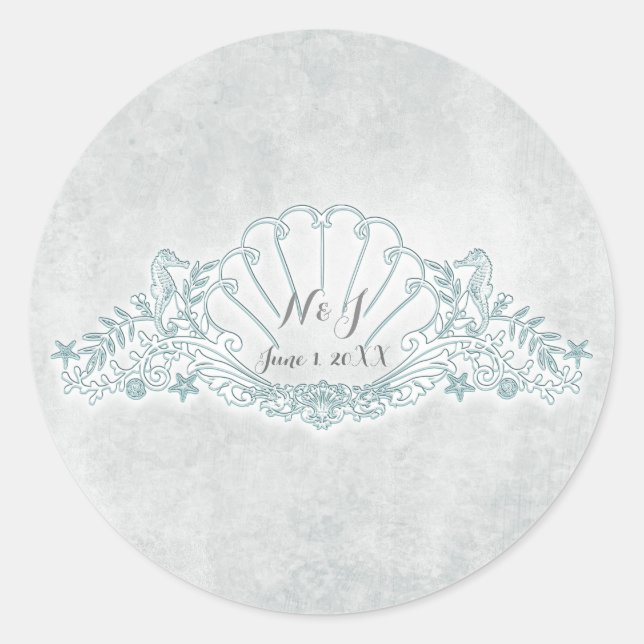 Seepferde & Seashell Beach Wedding Gefallen Runder Aufkleber (Vorderseite)