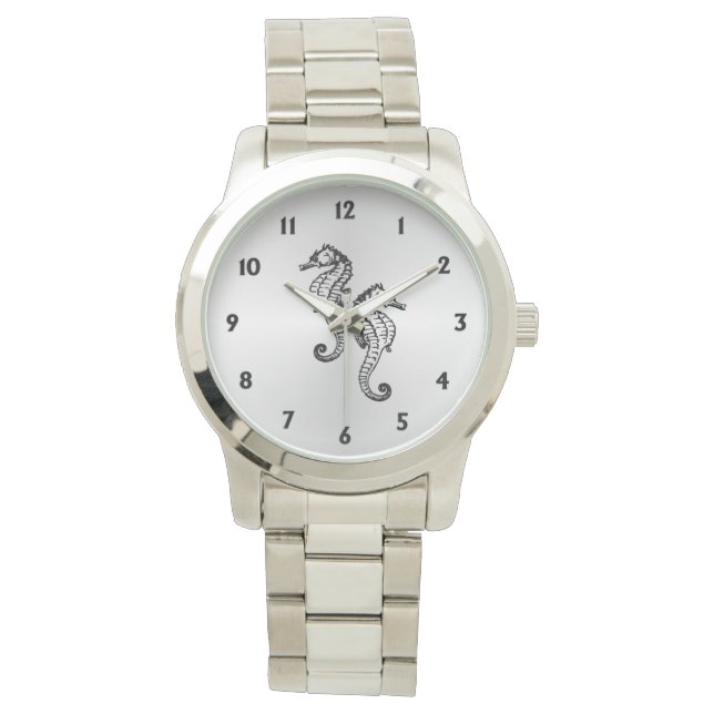 Seepferde Silber mit zwölf Zahlen Armbanduhr (Vorderseite)