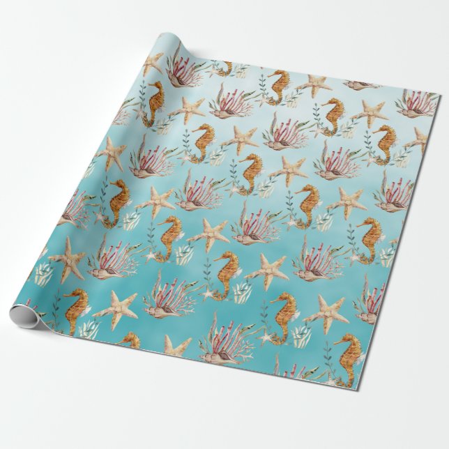 Seepferde Starfish unter dem karibischen Blauen Me Geschenkpapier (Ungerollt)