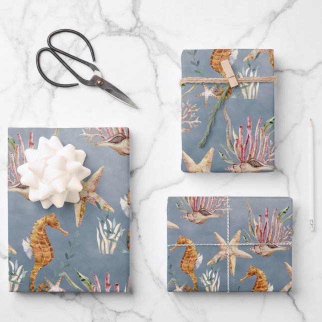 Seepferde Starfish unter dem tiefblauen Meer Geschenkpapier Set (Vorderseite)