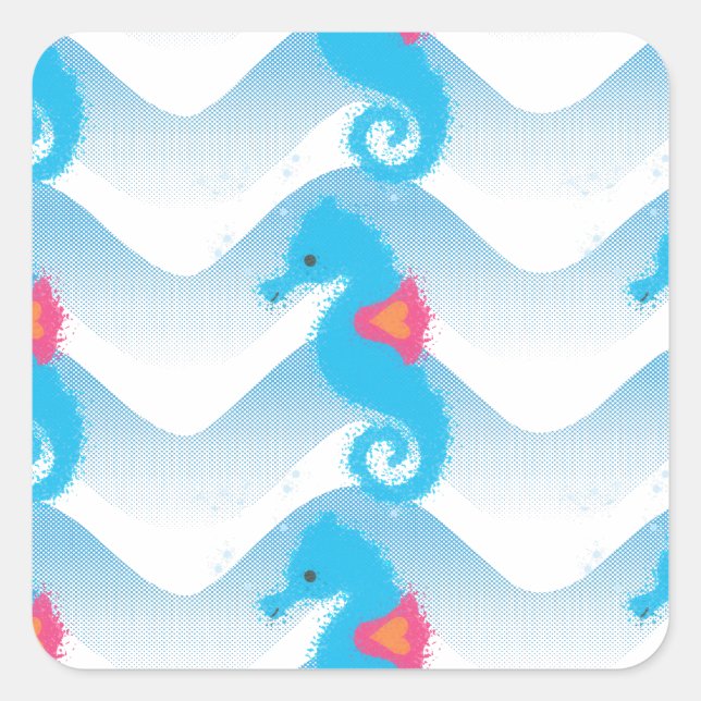 Seepferde und Muster in Blauer Welle Quadratischer Aufkleber (Vorderseite)
