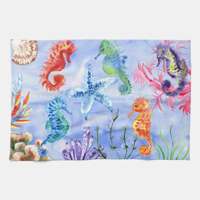 Seepferde und Starfish mit Korallenmuster Geschirrtuch (Horizontal)