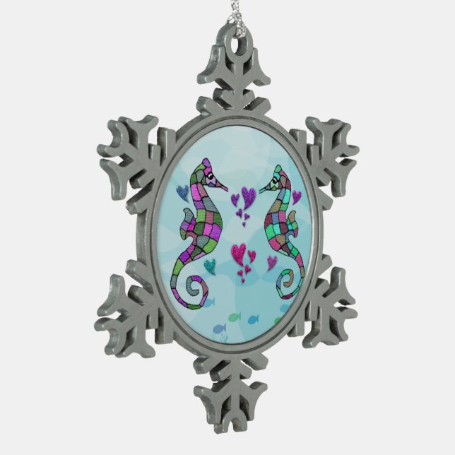 SeepferdeLiebe-Schneeflocke-Verzierung Schneeflocken Zinn-Ornament (Links)