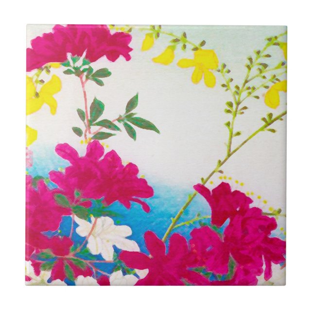 Seerosen aus Japan - Magenta, gelb blau Fliese (Vorderseite)