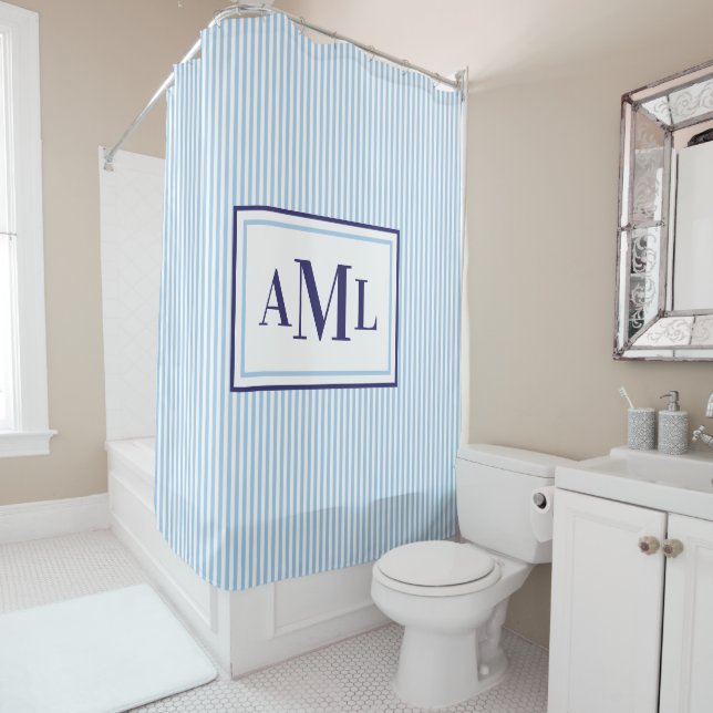 Seersucker Imprimer Monogramme Douche Rideau (En situation)