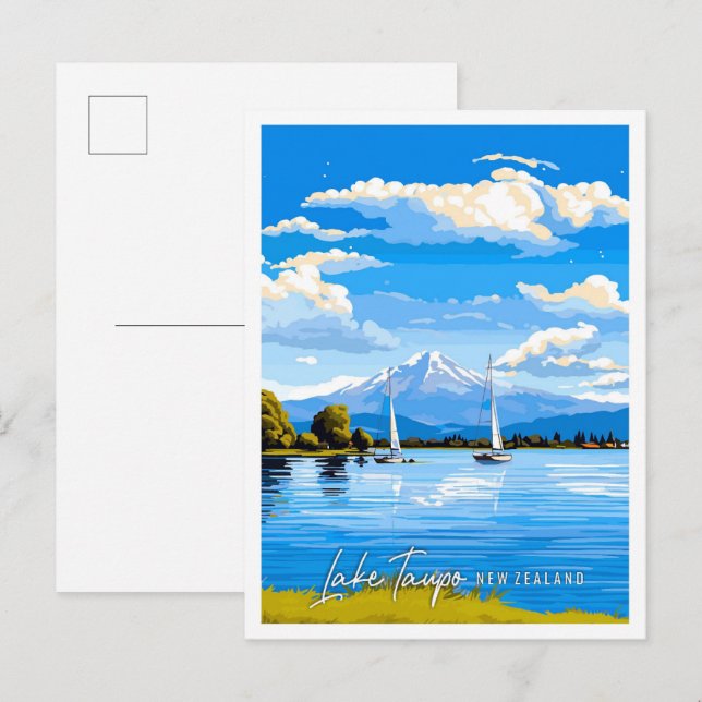 Sees Taupo Neuseeland Vintage Illustration Postkarte (Vorne/Hinten)
