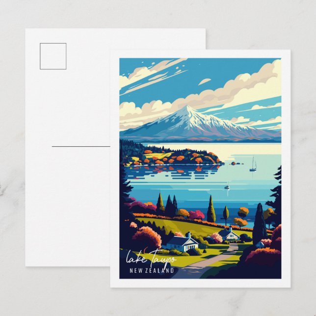 Sees Taupo Neuseeland Vintage Illustration Postkarte (Vorne/Hinten)