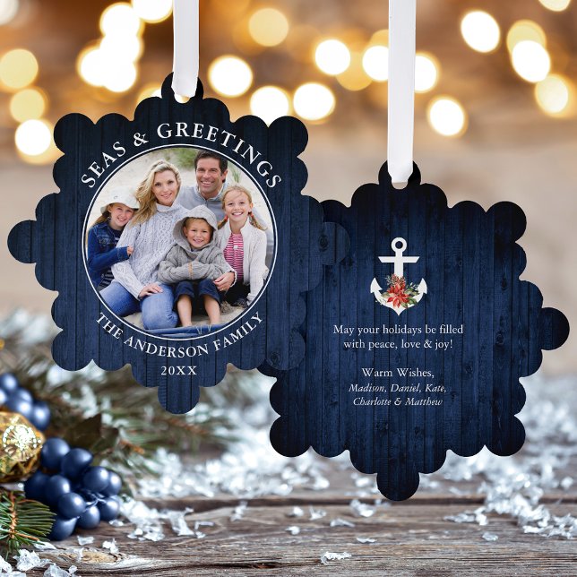 Sees und Grüße Anker Blue Wood Print Ornament Karte (A greeting card that is also an ornament! Customize with your photo and personalized text.)