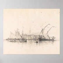 Seeschiffe Landschaftsbild Druck, Vintage Skizze