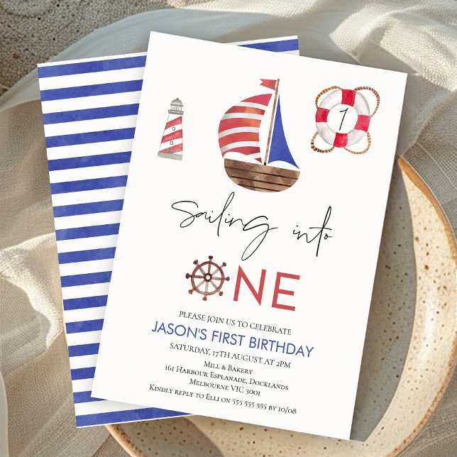 Seeschiffe von Navy Blue und Red Nautical Segelboo Einladung (Nautical Sailing Into 1st Birthday Invite Boy Sailing Boats Party Invitation Printable Navy Blue Red)