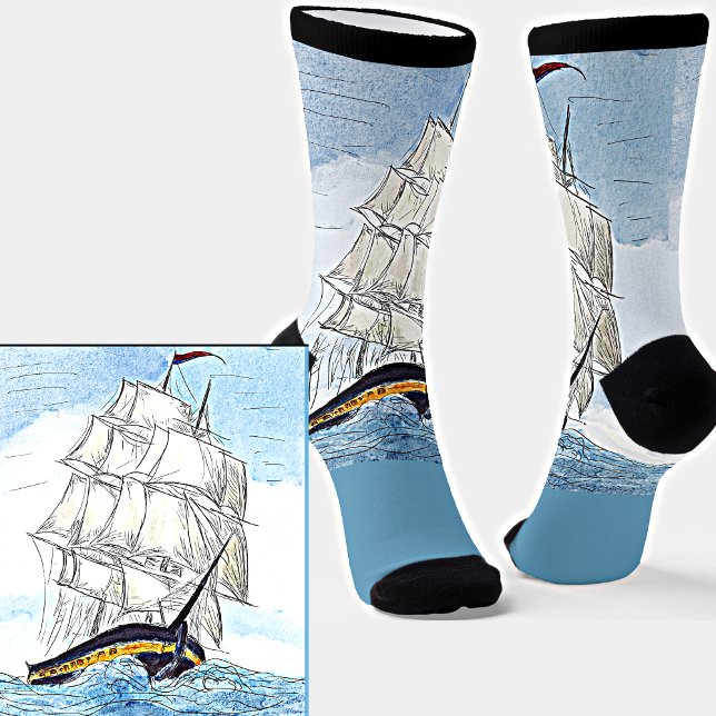 Seeschiffswellen auf Sea Illustration Light Blue Socken (Von Creator hochgeladen)