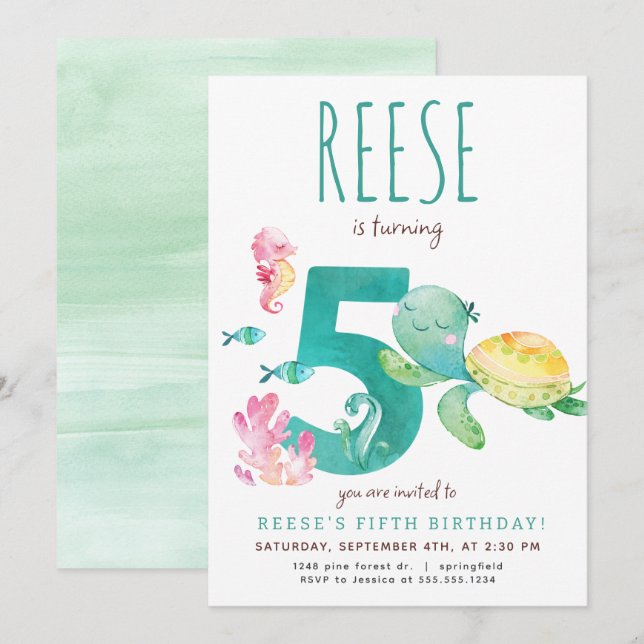 Seeschildkröte 5. Geburtstag Einladung (Vorne/Hinten)