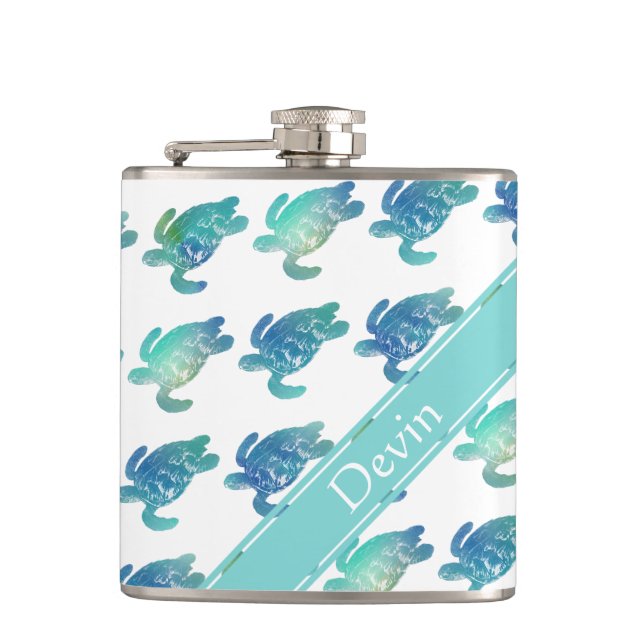Seeschildkröte-blaues Grün-personalisierte Flasche Flachmann (Vorderseite)