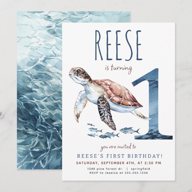 Seeschildkröte Einladung zum ersten Geburtstag (Vorne/Hinten)