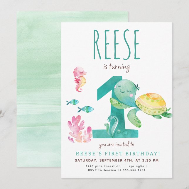 Seeschildkröte Einladung zum ersten Geburtstag (Vorne/Hinten)