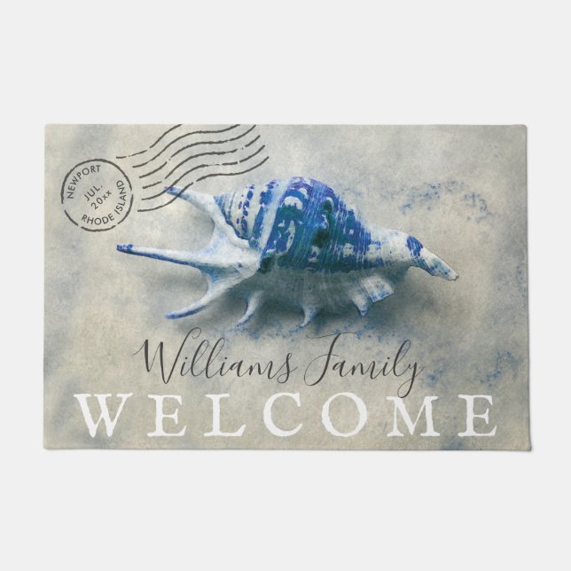 Seeseashell-blaues mit Monogramm Namen-Willkommen Fußmatte (Vorderseite)
