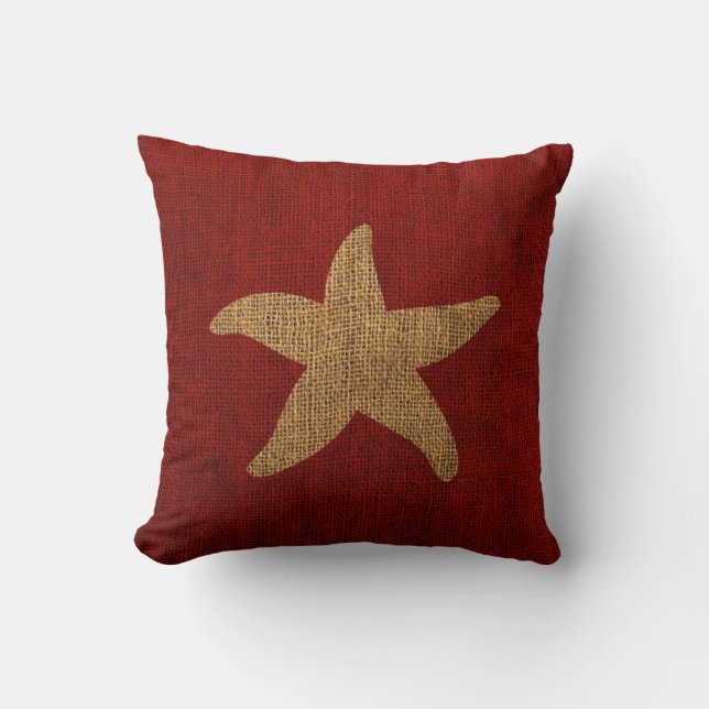 SeeStarfish im rustikalen Rot-und Leinwand-Blick Kissen (Vorderseite)