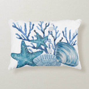 Seestern Koralle Blau Aquarell Strand Kunst Dekokissen