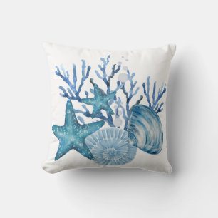 Seestern Koralle Blau Aquarell Strand Kunst Kissen