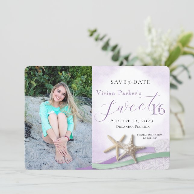 Seestern-Spitze Sweet 16 Save the Date mit Foto (Stehend Vorderseite)