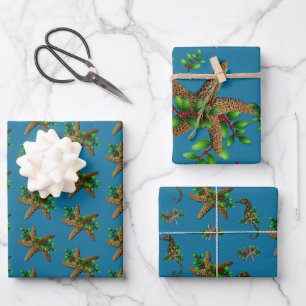 Seestern und Holly Sea Blue Beach Weihnachten Geschenkpapier Set