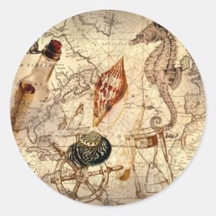Seesterne seashell Nautical Map Runder Aufkleber