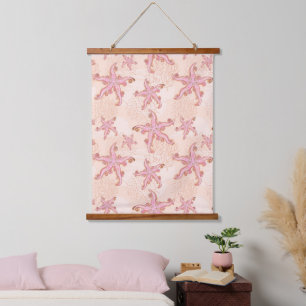 Seesterne und Korallen-Rosa Pastellmuster Wandteppich Mit Holzrahmen