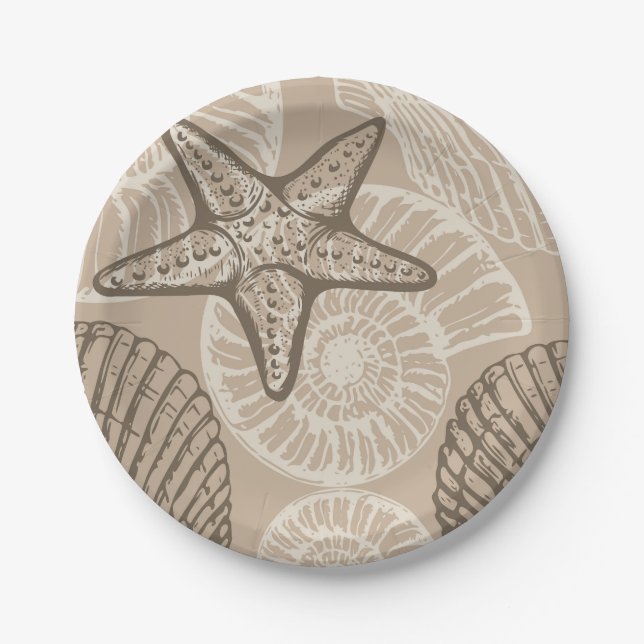 Seesterne und Muscheln in Beige an der Meereswelt Pappteller (Vorderseite)