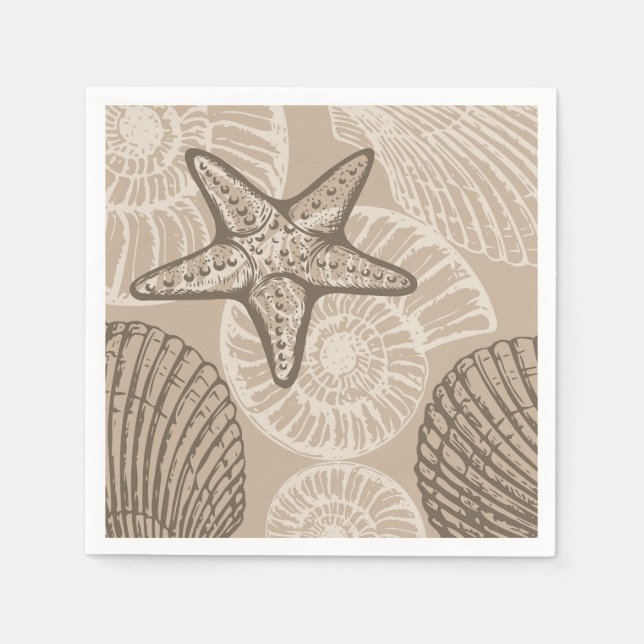 Seesterne und Muscheln in Beige an der Meereswelt Serviette (Vorderseite)