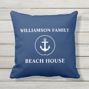 Seestrand-Haus-Familienname-Anker-Marine-Blau Kissen