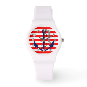 Seestreifen mit Schiffs-Anker-rotem weißem Blau Armbanduhr