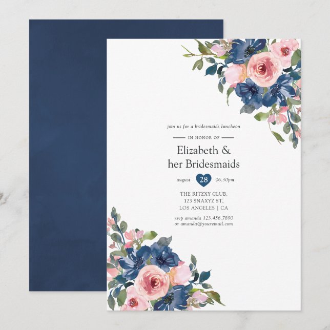 Seestreitkräfte und Blush Floral Bridesmaids Lunch Einladung (Vorne/Hinten)