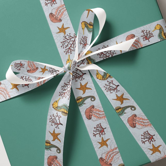 Seeteufel-Seepferd Ripsband (Ocean Theme Hand-Drawn Colorful Illustrations in Black Ink. Seahorse, Jellyfish, Starfish & Coral.)