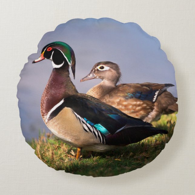 Seeufer, hölzerne Ente Rundes Kissen (Vorderseite)
