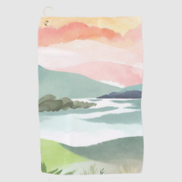 Seeufer im Morgenrot | Aquarell Natur Golfhandtuch