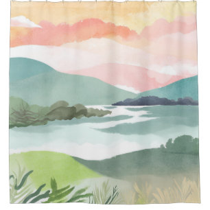 Seeufer im Morgensonnenaufgang Aquarell Natur Duschvorhang