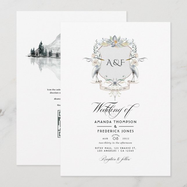 Seeufer-Monogramm-Lorbeerkranz-Hochzeit Einladung (Vorne/Hinten)