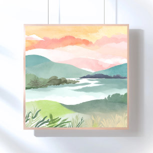 Seeufer Morgen Sonnenaufgang   Aquarell Natur Poster
