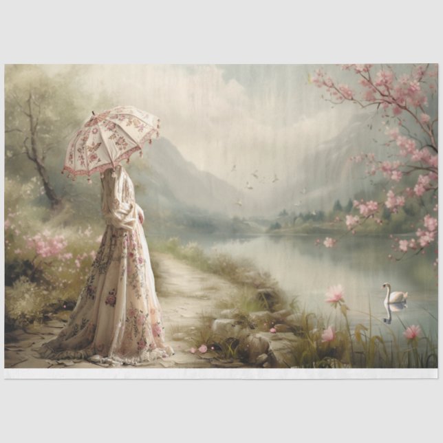 Seeufer, Schwan, elegante Dame, florale Landschaft Seidenpapier (Vorderseite)