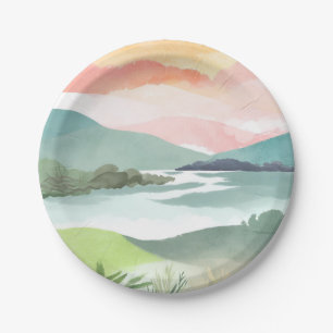 Seeufer Sonnenaufgang am Morgen Aquarell Natur Pappteller