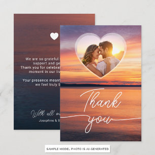 Seeufer-Sonnenuntergang-Herzfoto-Vorlage Hochzeit Dankeskarte
