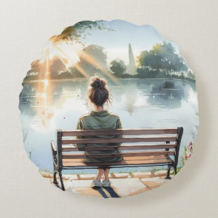 Seeufer-Szene bei Sonnenuntergang Rundes Kissen